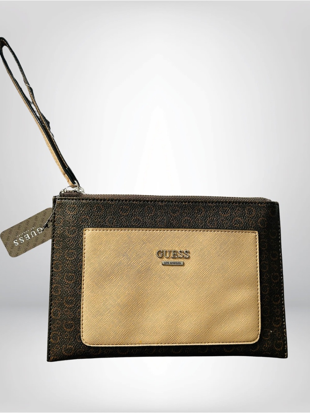 Guess Brown & Tan Logo Wristlet Pouch with Front Pocket